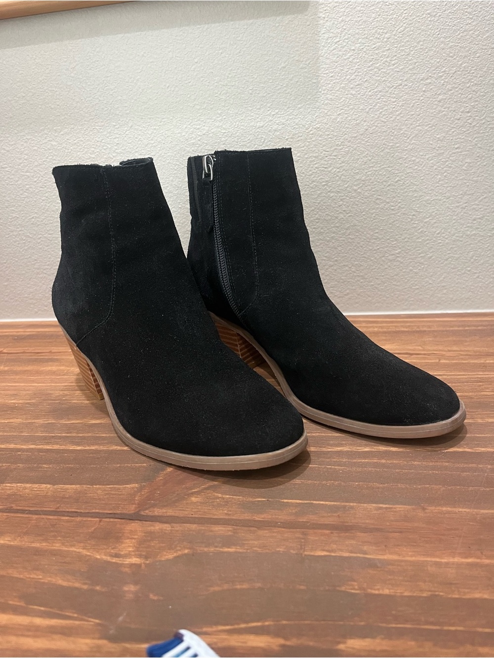 Susina Black Suede Ankle Booties with Stacked Brown Heel
